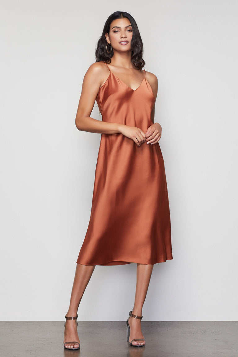 copper satin dress THE SATIN MIDI DRESS