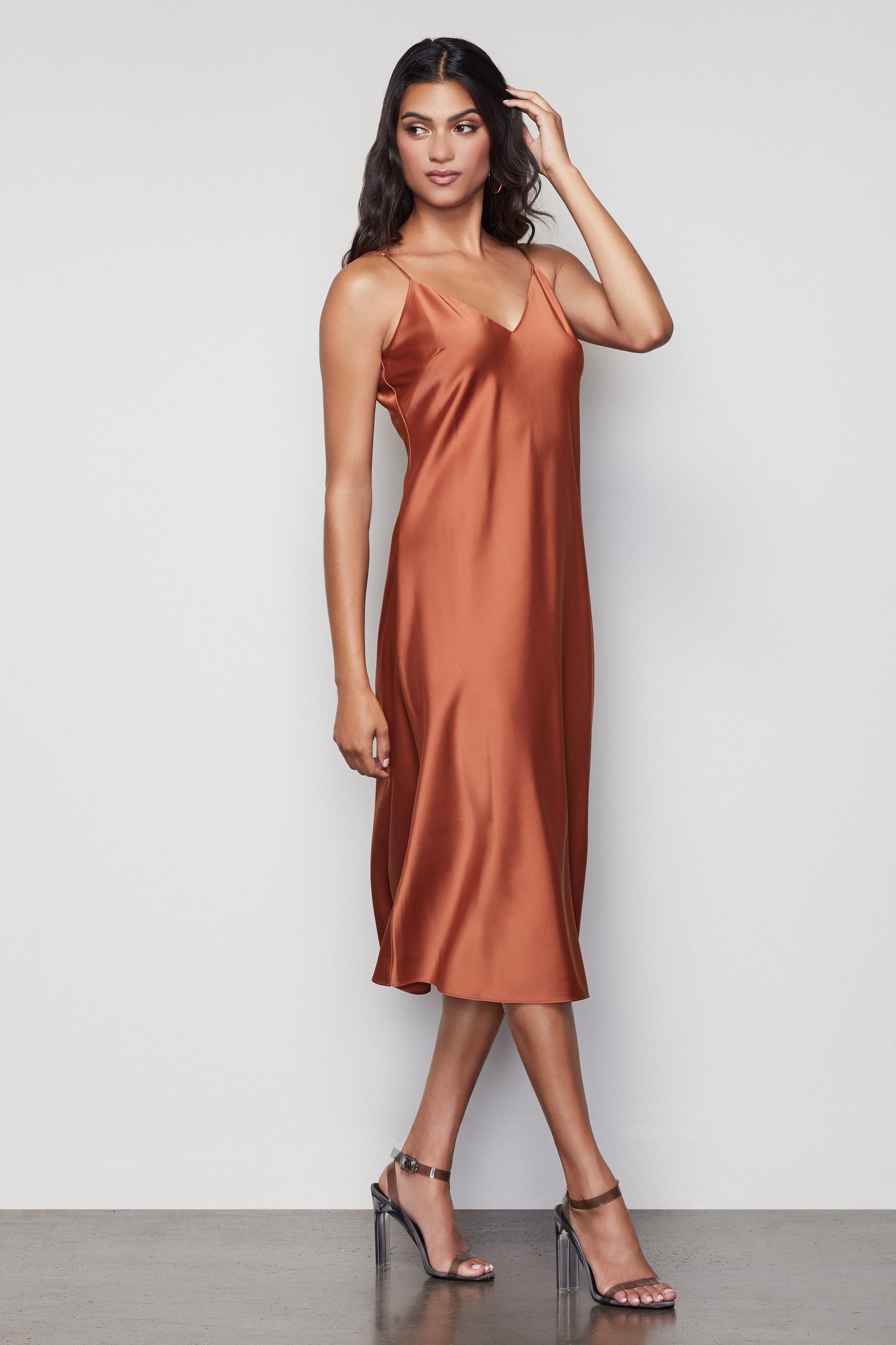 kamea tawny brown satin draped front open back midi dress KAMEA brown satin draped front dress