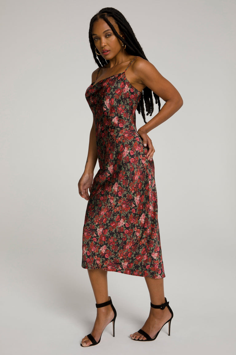 red floral bodycon slip midi dress MOODY FLORAL SLIP DRESS